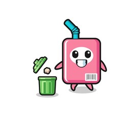 illustration of the milk box throwing garbage in the trash can