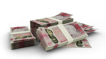 3D Stack of 50 Scottish pound notes isolated on white background