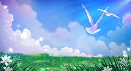 flower field with pigeon in the sky anime style - obrazy, fototapety, plakaty