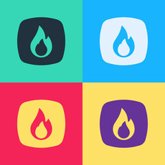 Pop art Fire flame icon isolated on color background. Vector