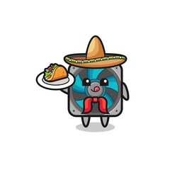 computer fan Mexican chef mascot holding a taco