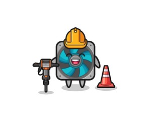 road worker mascot of computer fan holding drill machine