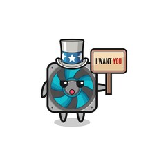 computer fan cartoon as uncle Sam holding the banner I want you