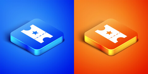 Isometric Baseball ticket icon isolated on blue and orange background. Square button. Vector