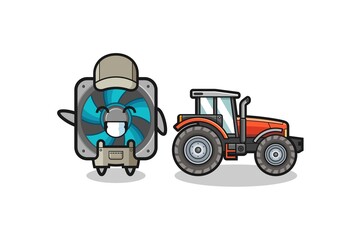 the computer fan farmer mascot standing beside a tractor