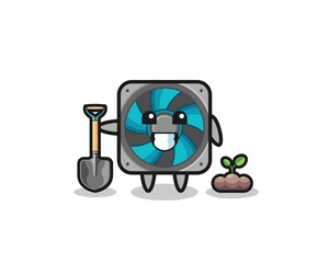 cute computer fan cartoon is planting a tree seed