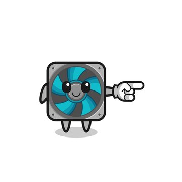 computer fan mascot with pointing right gesture