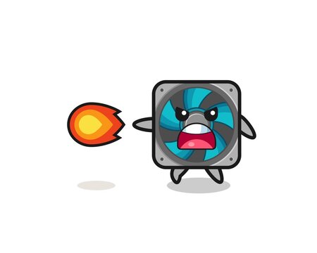 cute computer fan mascot is shooting fire power