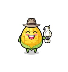 corn zookeeper mascot with a parrot