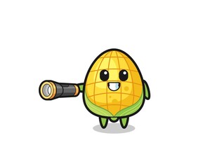 corn mascot holding flashlight