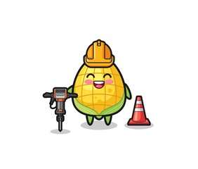 road worker mascot of corn holding drill machine