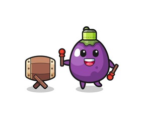 Obraz premium eggplant muslim cartoon is beating the bedug