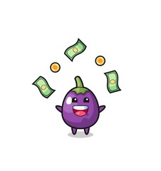illustration of the eggplant catching money falling from the sky