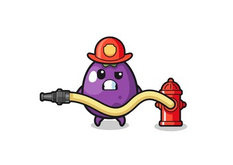 eggplant cartoon as firefighter mascot with water hose