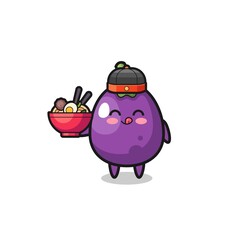 eggplant as Chinese chef mascot holding a noodle bowl