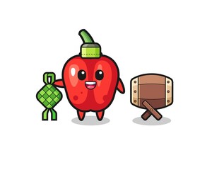 red bell pepper muslim character are celebrating Eid Al Fitr