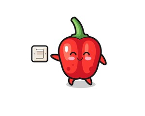 cartoon red bell pepper is turning off light