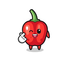 red bell pepper character doing Korean finger heart