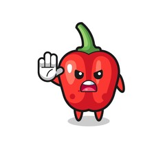 red bell pepper character doing stop gesture