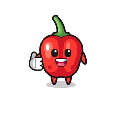 red bell pepper mascot doing thumbs up gesture