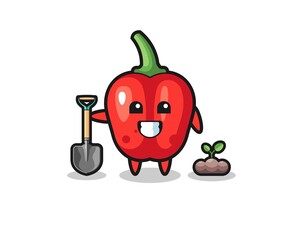 cute red bell pepper cartoon is planting a tree seed