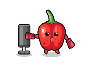 red bell pepper boxer cartoon doing training with punching bag