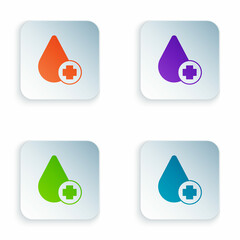 Color Donate drop blood with cross icon isolated on white background. Set colorful icons in square buttons. Vector