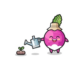 cute turnip is watering plant seeds