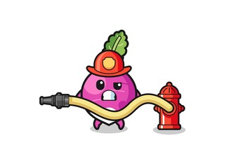 turnip cartoon as firefighter mascot with water hose