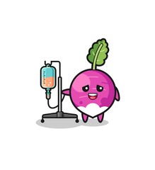 cute turnip character standing with infusion pole