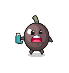 black olive mascot having asthma while holding the inhaler