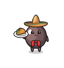 black olive Mexican chef mascot holding a taco