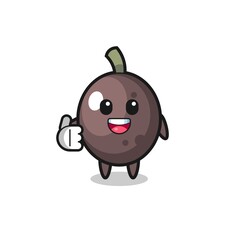 black olive mascot doing thumbs up gesture