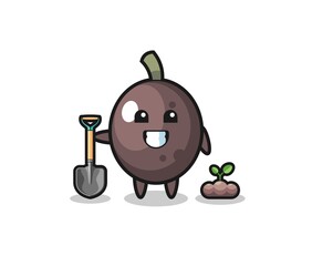 cute black olive cartoon is planting a tree seed