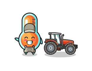 Fototapeta premium the thermometer farmer mascot standing beside a tractor