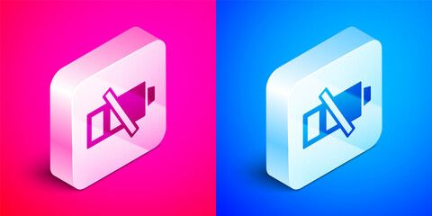 Isometric Battery charge level indicator icon isolated on pink and blue background. Silver square button. Vector