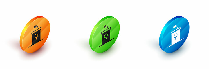 Isometric Stage stand or debate podium rostrum icon isolated on white background. Conference speech tribune. Circle button. Vector