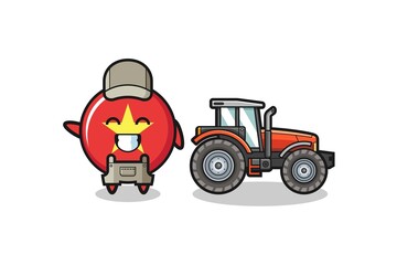 the vietnam flag farmer mascot standing beside a tractor