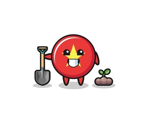 cute vietnam flag cartoon is planting a tree seed