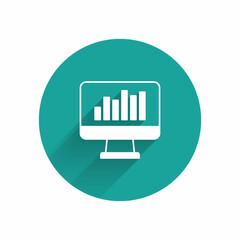 White Computer monitor with graph chart icon isolated with long shadow background. Report text file icon. Accounting sign. Audit, analysis, planning. Green circle button. Vector