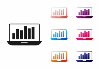 Black Laptop with graph chart icon isolated on white background. Report text file icon. Accounting sign. Audit, analysis, planning. Set icons colorful. Vector