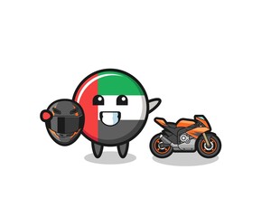 Obraz na płótnie Canvas cute uae flag cartoon as a motorcycle racer