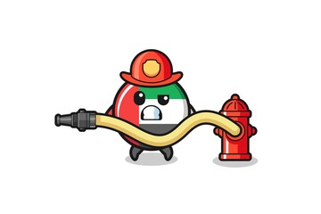 uae flag cartoon as firefighter mascot with water hose