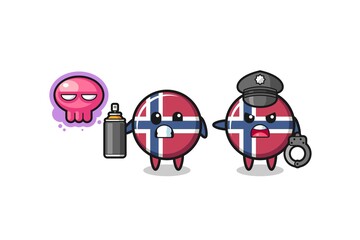 norway flag cartoon doing vandalism and caught by the police