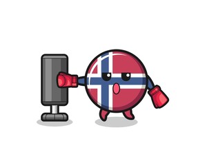 Obraz na płótnie Canvas norway flag boxer cartoon doing training with punching bag