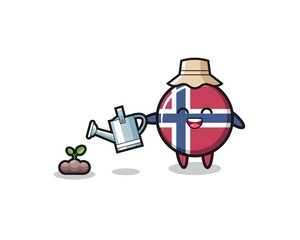 cute norway flag is watering plant seeds