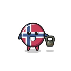Fototapeta na wymiar norway flag mascot lifting kettlebell in the gym