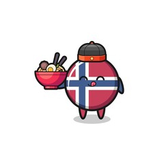 norway flag as Chinese chef mascot holding a noodle bowl