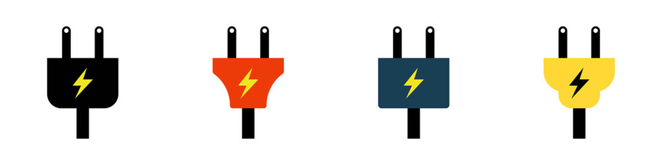 Conjunto de conectores eléctricos de toma corriente. Concepto de energía y electricidad. Ilustración vectorial, diferentes estilos y colores