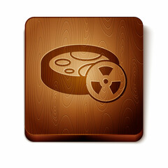 Brown Laboratory chemical beaker with toxic liquid icon isolated on white background. Biohazard symbol. Dangerous symbol with radiation icon. Wooden square button. Vector